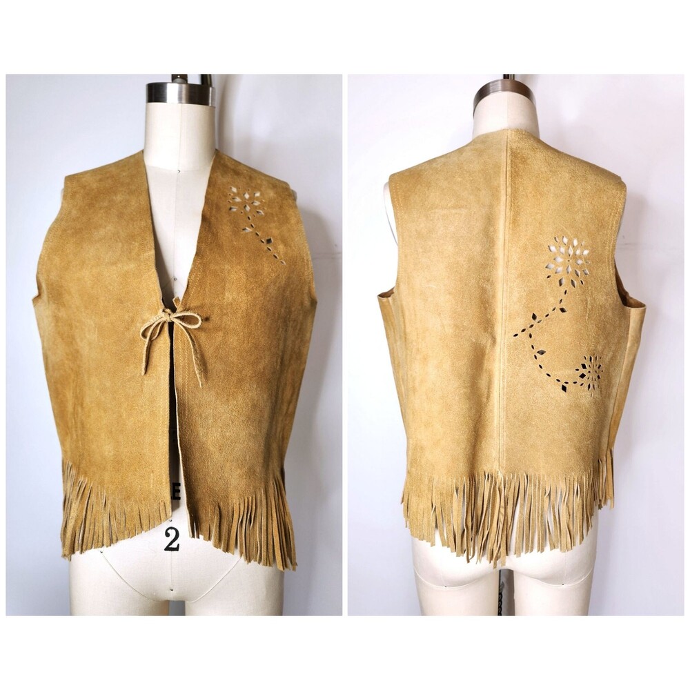 Leather FRINGES Perforates Floral Leather Vest Southwestern Western Unisex S M